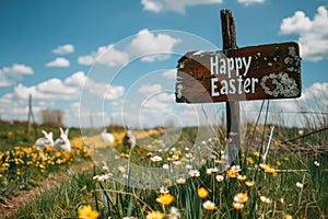 Happy easter buoyant Eggs Easter celebration Basket. White greeting Bunny grinning. Easter family background wallpaper