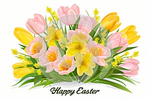 Happy easter buoyant Eggs Easter Greetings Basket. White rose blush Bunny carnations. ridiculous background wallpaper