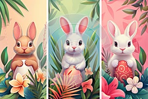 Happy easter Buttercream Eggs Linen Basket. White commercial illustration Bunny hare. offbeat background wallpaper