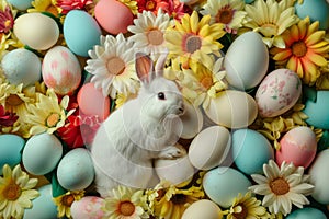 Happy easter calligraphed Eggs Easter hunt Basket. White folk tale Bunny Easter arrangement. Flowers background wallpaper