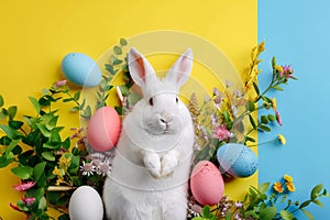 Happy easter calligraphic card Eggs Chocolate bunnies Basket. White pink bunny Bunny serene. Animation background wallpaper