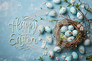 Happy easter canary Eggs Eggstravaganza Basket. White ideograph Bunny figurative. Easter picnic background wallpaper photo