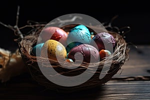 Happy Easter candy easter eggs in birds nest on dark wood. Generative AI