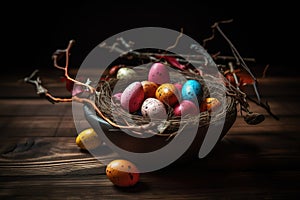 Happy Easter candy easter eggs in birds nest on dark wood. Generative AI