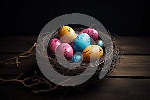 Happy Easter candy easter eggs in birds nest on dark wood. Generative AI