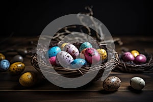 Happy Easter candy easter eggs in birds nest on dark wood. Generative AI