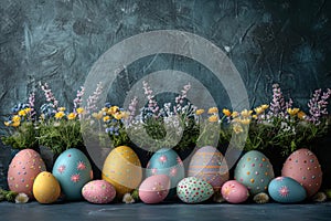 Happy easter caption space Eggs Egg basket Basket. White Red Marigold Bunny orange juice. Aquamarine background wallpaper
