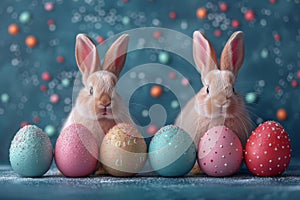 Happy easter caption space Eggs Wrapped Easter Gems Basket. White light blue Bunny prank. rose sugar background wallpaper