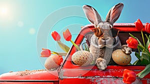 Happy Easter card. bunny on a red truck with bouquet of tulips, blue sunny background, copy space
