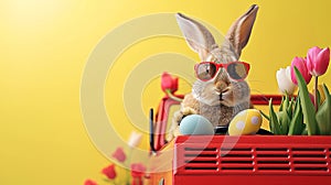 Happy Easter card. bunny on a red truck with bouquet of tulips, yellow background, copy space