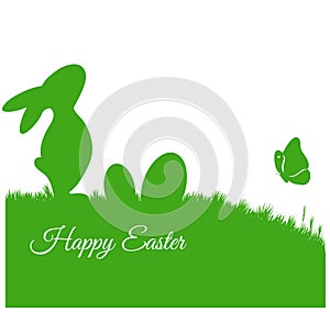 Happy Easter card with bunny silhouette on grass and eggs vector illustration flat style. Easter background for design