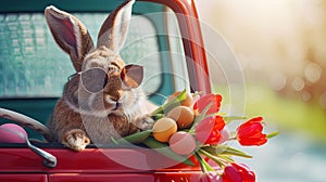 Happy Easter card. bunny in sunglasses on a red truck with bouquet of tulips, sunny background