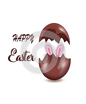Happy Easter card with chocolate eggshell and bunny ears