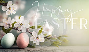 Happy Easter card concept. Pastel Easter eggs and spring apple blossoms. Generative AI