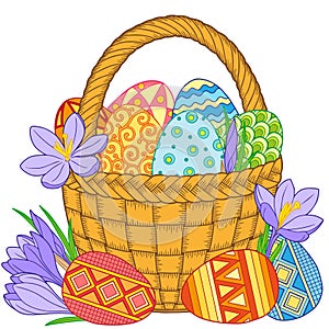 Happy Easter. Card of crocuses and Bright easter eggs in the basket isolated on white background. Vector isolated elements.