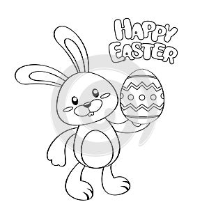 Happy easter card. Cute cartoon Easter bunny with egg. Black and white illustration for coloring book