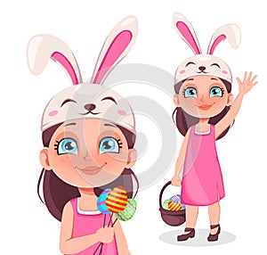 Happy Easter card. Cute girl wears bunny ears