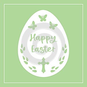 Happy Easter card with a decorated egg with cross, butterflies, leaves and basic text.