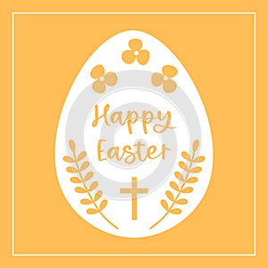 Happy Easter card with a decorated egg with cross, flowers, leaves and basic text.