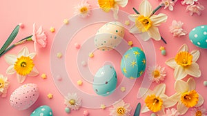 Happy Easter card design. Easter eggs decorated with flowers on pastel pink background. Flat lay, top view. Generative