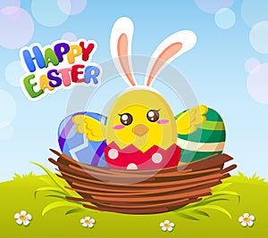 Happy Easter card with Easter chick in bunny ears and eggs