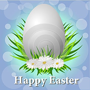 Happy Easter Card with Eggs, Grass, Flowers and Bokeh Effect.