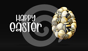 Happy easter card with eggs. Many beautiful golden realistic egg are laid out in the shape of a large egg. Vector illustration for