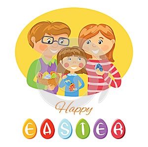Happy Easter card with family decorating eggs