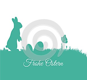 Happy Easter card in german Frohe Ostern with bunny silhouette on grass and eggs vector illustration flat style. Easter