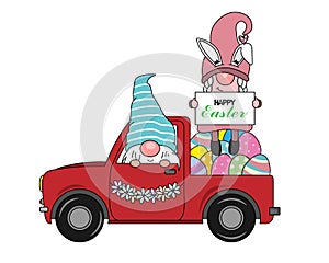 Happy easter card. Gnomes transporting easter eggs by car