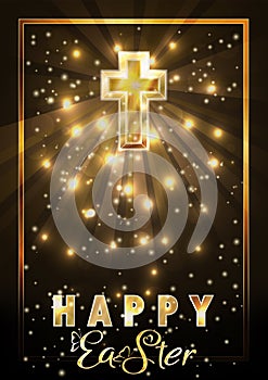 Happy Easter  card with golden catholic christian cross