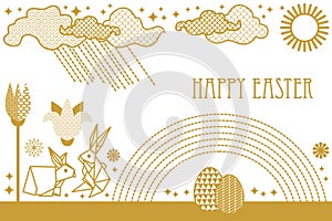 Happy Easter card with hare, blooming spring flowers, rainbow, sun, clouds and ornate eggs.