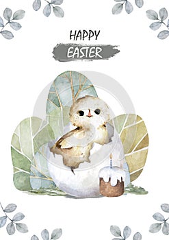 Happy easter card with a hatching chick with break egg and cake Cute farm animal. Hand painting illustration for greeting poscard