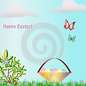 Happy Easter card illustration with basket full of Easter eggs in the nature