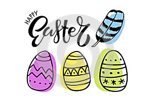 Happy Easter card with lettering, colorful painted easter eggs, plumelet. Vector sketch illustration, design elements