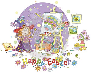 Happy Easter card with a little fairy drawing a gift egg