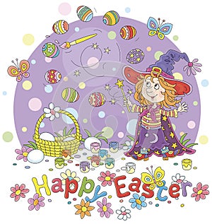 Happy Easter card with a little fairy painting gift eggs