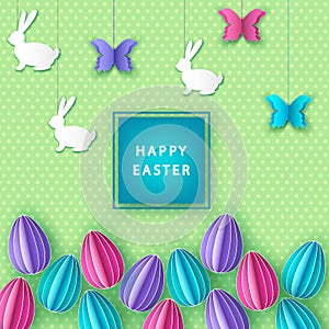 Happy easter card with paper colorful eggs, butterfly and bu