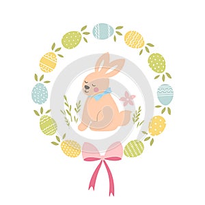 Happy Easter card in pastel spring colors. Cute  easter Bunny