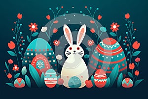 Happy easter card with rabbit, flowers and eggst. Generative ai