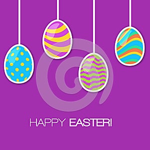 Happy Easter card. Set of cute Easter eggs with different texture on a violet background.  Vector isolated Illustration