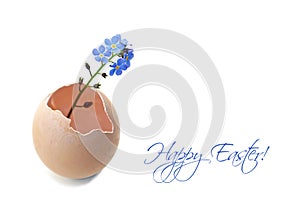 Happy Easter card with spring flowers in eggshell
