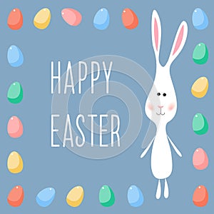 Feliz pascua de resurrección tarjeta plantilla. ridículo diseno de pintura blanco conejos a huevos 