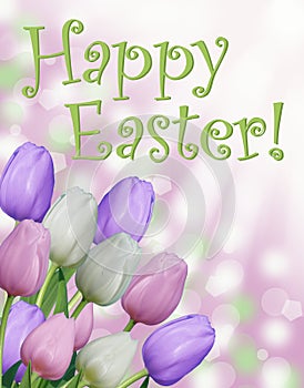 Happy Easter card text with pink purple and white tulips and abstract bokeh background
