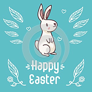 Happy Easter card with a white bunny and minimalist leaves, text, vector