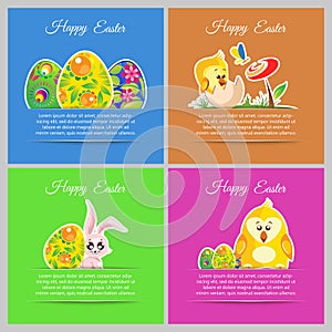 Happy easter cards Set meadow with newborn chicken, flower, butterfly, ornament floral eggs