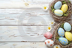 Happy easter carefree Eggs Sprouting Basket. White easter basket fillers Bunny festive designs. holy friday background wallpaper