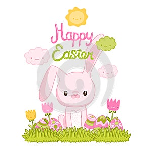 Happy Easter cartoon cute bunny and eggs