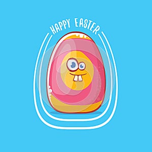 Happy easter cartoon greeting card with cute cartoon egg character isolate on blue background. Vector Happy easter