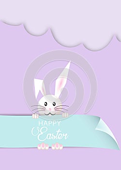 Happy Easter cartoon, paper cut style, white Rabbit and colorful template, flat design, outline drawing. Easter Bunny banner